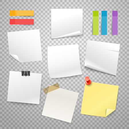 Many blank paper stickers vector collection. Advertising mockup isolated on transparent. Place any text on itのイラスト素材