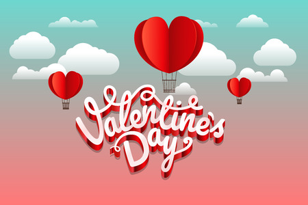 Abstract paper origami valentines greeting card. Valentines heart ballons and cloudsのイラスト素材