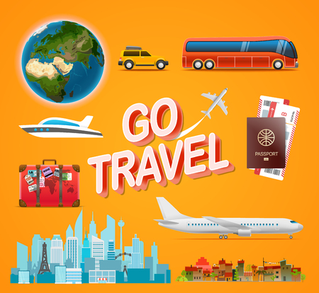 Travel accessories collection. Go travel conceptのイラスト素材