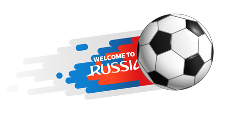 Flying soccer ball isolated on white background. Welcome to Russia letteringのイラスト素材