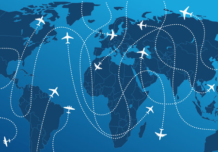 World map with aircraft paths vector illustrationのイラスト素材