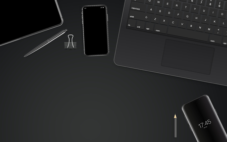 Black objects on black table. Different business stuff on a table. Template for a textのイラスト素材