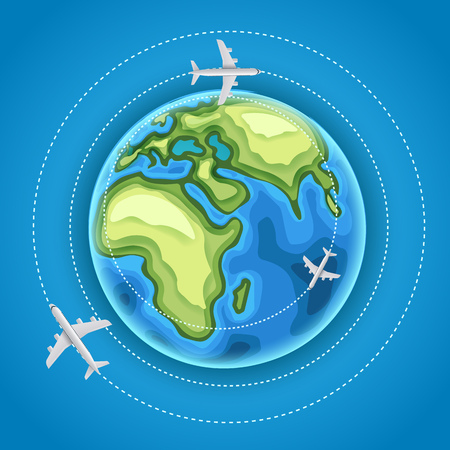 Aircrafts flying around the Earth. Global transportation concept. Vector illustrationのイラスト素材