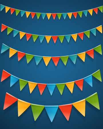 Color triangle flags garlands on dark background.のイラスト素材