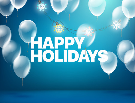 Happy holidays greeting card. Blue illuminated room with balloons and text. Vectorのイラスト素材