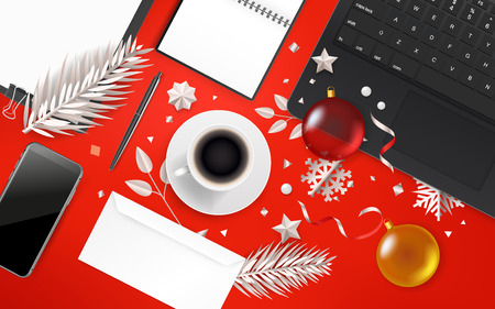 Office objects with Christmas accessory. Different business stuff on red tableのイラスト素材