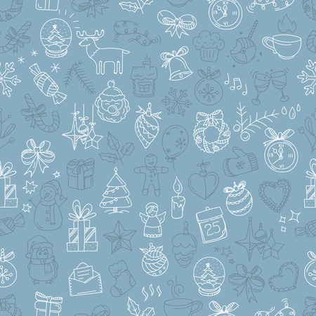 Seamless background with winter elements in doodle style. Vector hand-drawn illustrationのイラスト素材
