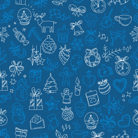 Seamless background with winter elements in doodle style. Vector hand-drawn illustrationのイラスト素材