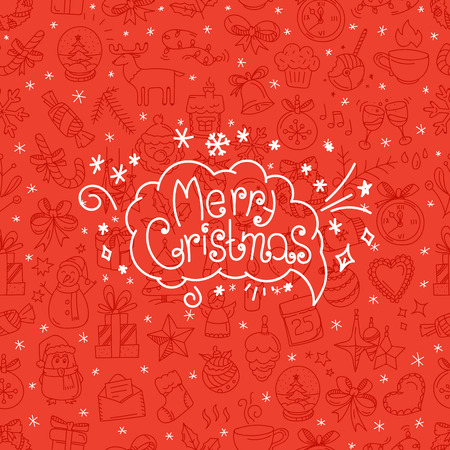 Red background with Merry Christmas logo in doodle style. Vector hand drawn illustrationのイラスト素材