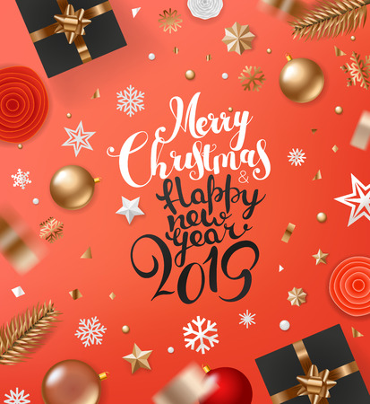 Merry Christmas and Happy New 2019 Year concept. Holiday greeting frame. Living Coral color backgroundのイラスト素材