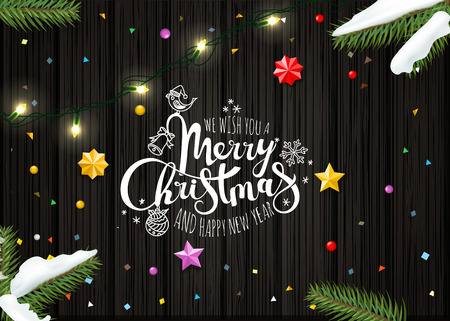 Merry Christmas wishing card vector template. Top view compositionのイラスト素材