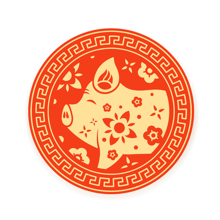 The chinese year of the pig. Happy new 2019 year card. Chinese style vector illustrationのイラスト素材
