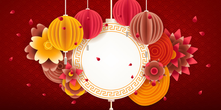 Lunar new year design background. Happy Pig Year in Chinese. Happy new 2019 year 
frame with copy space. Chinese style illustrationのイラスト素材