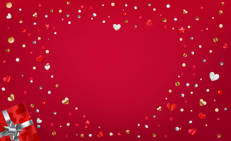 Red background with abstrac heart shape with foil confetti. Valentines Day or love card 
tmplateのイラスト素材