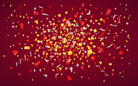 Color foil confetti and ribbons on red background. Explosionのイラスト素材
