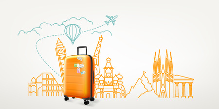 Photoreal suitcase with different travel destination elements. World travel vector conceptのイラスト素材