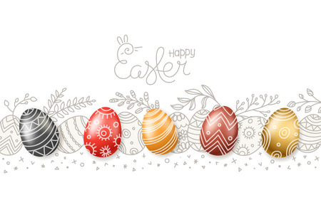 Happy Easter greeting card. Easter eggs 3d and in doodle style. Hand drawn vector bannerのイラスト素材