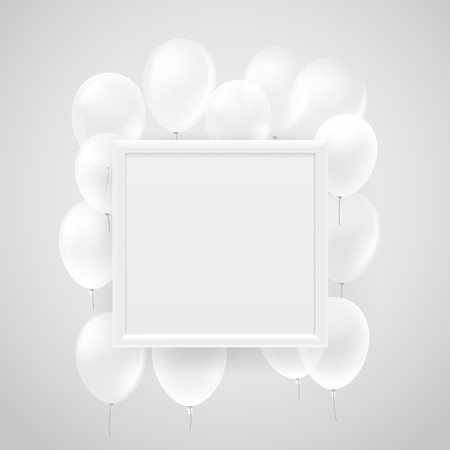 Empty white frame on a wall with flying white balloons. Vector illustrationのイラスト素材
