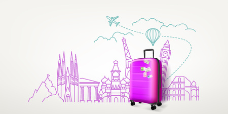 Photoreal violet suitcase with different travel famous sights. World travel vector conceptのイラスト素材