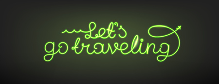 Traveling design vector neon glow logo. Lets go traveling conceptのイラスト素材