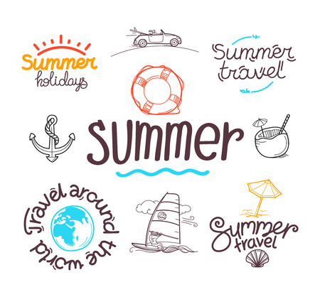 Summer travel doodle style elements. Vector labels collection. Cute linear elements for web and graphic designのイラスト素材