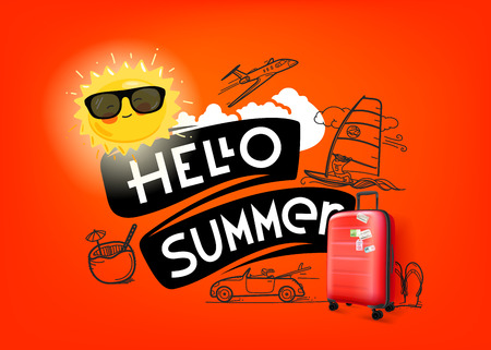 Hello summer concept with cute sun and red handbag. Vector illustrationのイラスト素材