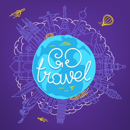 World travel vector concept with calligraphic logo. Go travel inscriptionのイラスト素材