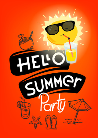 Hello summer concept with cute sun and red handbag. Vector illustrationのイラスト素材