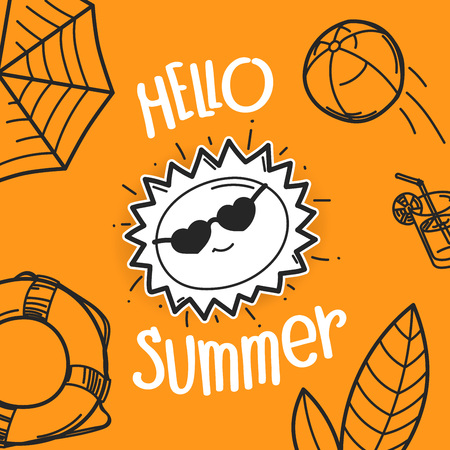 Hallo summervector concept with the sun. Hand drawn iluustrationのイラスト素材