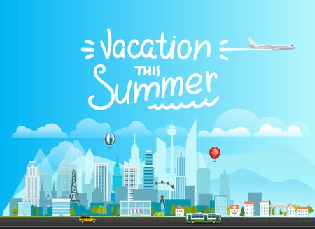 Summer vacation concept. Landscape with buildings and vehiclesのイラスト素材