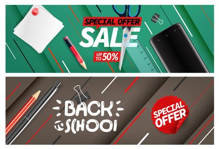Back to school sale. Special offer banners set&#xD;&#xA;のイラスト素材