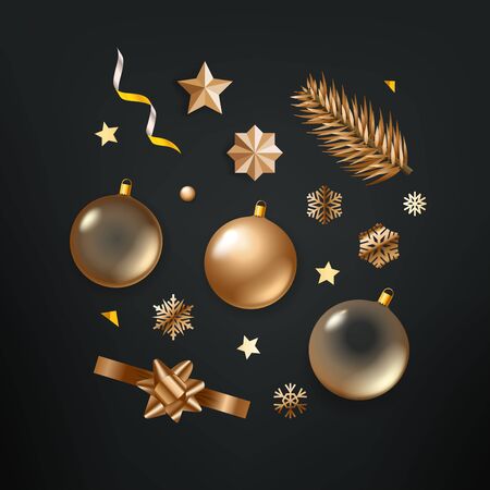 Different golden Christmas elements vector clipart on black backgroundのイラスト素材
