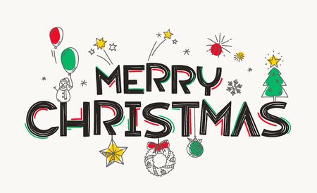 Merry Christmas greeting card. Doodling style elements and lettering inscriptionのイラスト素材