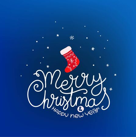 Merry christmas and happy new year hand drawn lettering inscription vector banner. Calligraphic logo templateのイラスト素材