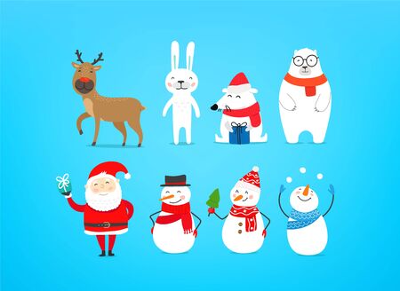 Cute Christmas characters on blue background. Santa claus, reindeer, snowmen and white bearのイラスト素材