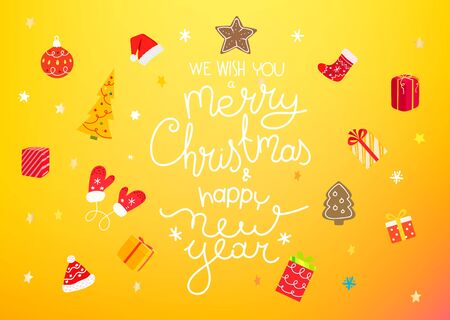 We wish you a Merry Christmas and happy New year concept with party objectsのイラスト素材