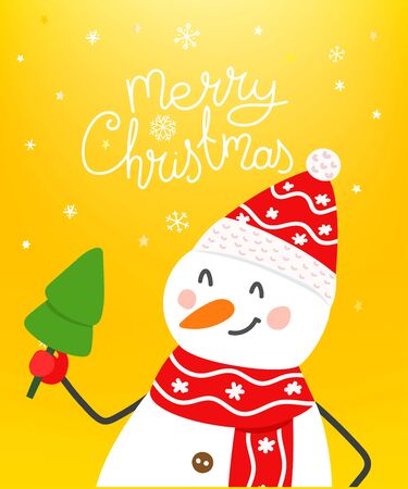 Snowman with Christmas tree. Merry Christmas cartoon illustration with lettering inscriptionのイラスト素材