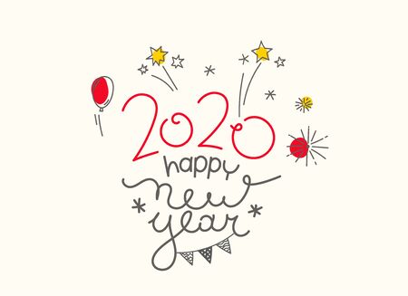 Happy new 2020 year. Doodling style elements and lettering inscriptionのイラスト素材