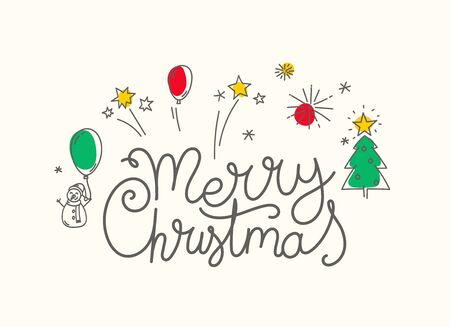 Merry Christmas greeting card. Doodling style elements and lettering inscriptionのイラスト素材