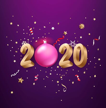 Realistic 2020 golden numbers, festive confetti, stars and so on. &#xD;&#xA;Vector card templateのイラスト素材