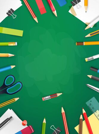 School chalkboard with different objects. Vector vertical illustrationのイラスト素材