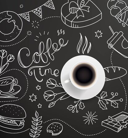 Coffee cup with doodling elements. Cafe menu design templateのイラスト素材