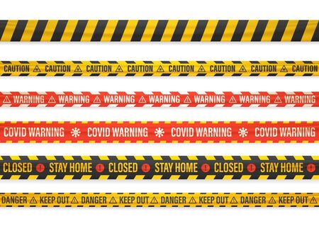 Covid warning. Stay home. Closed. Different warning tapes isolated on white&#xD;&#xA;のイラスト素材