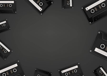Retro audio cassettes black wallpaper. Social media message vector background. Copy space for a textのイラスト素材