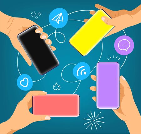 Hands with modern smartphones. Social media network communicationのイラスト素材