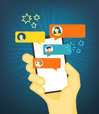 Hand holding modern smartphone with open with peopleのイラスト素材