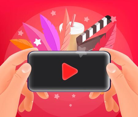 Watching video via smartphone. Man holding modern smartphone. Trendy style illustrationのイラスト素材