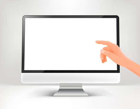Modern computer screen with hand pointing to the screen. Vector mockupのイラスト素材