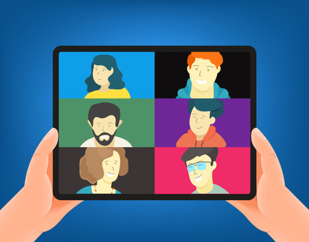 Business web conference vector concept. Man holding modern tablet. Trendy style illustration
