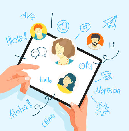 Human gesture using tablet computer. Say hello in different languagesのイラスト素材